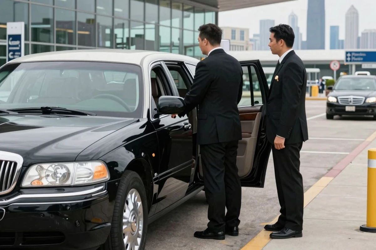 Chauffeur Greeting Airport Client A sharply dressed chauffeur opening the door for a client, delivering exceptional Midway Airport limo service for Chicago Luxury Limo Service.