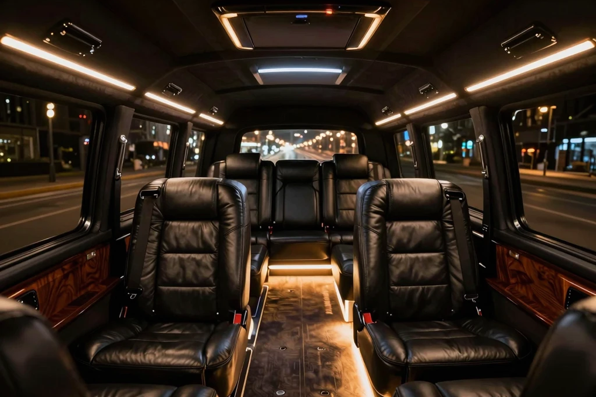 The luxurious cabin of an Extended Lincoln MKT Stretch Limousine, featuring premium leather seating and custom mood lighting for a comfortable group ride in Chicago.
