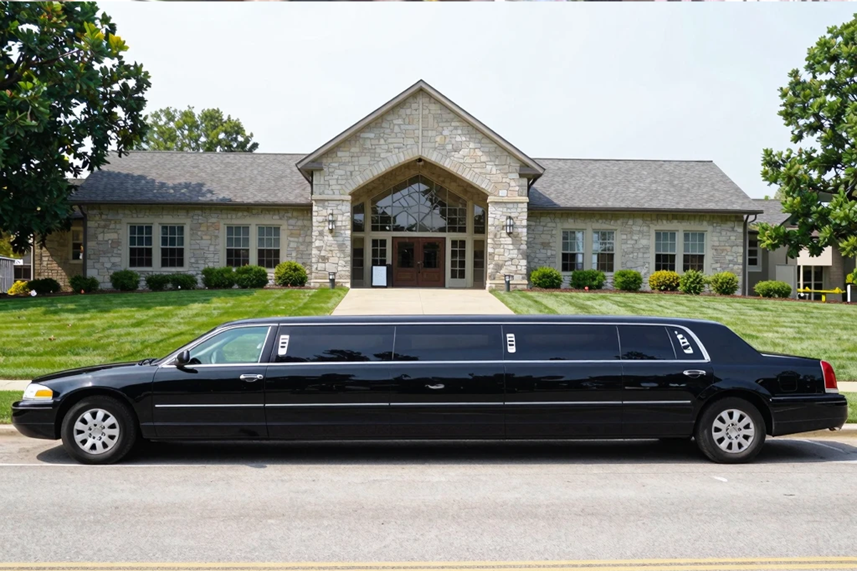 Lemont Limo Service stretch limousine outside an elegant Lemont wedding venue