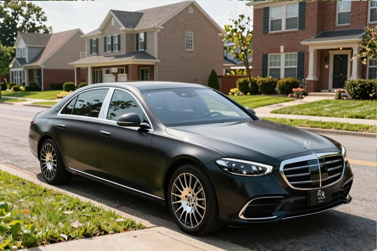 New Lenox Limo Service Mercedes-Benz S-Class S 580 luxury sedan in upscale New Lenox neighborhood