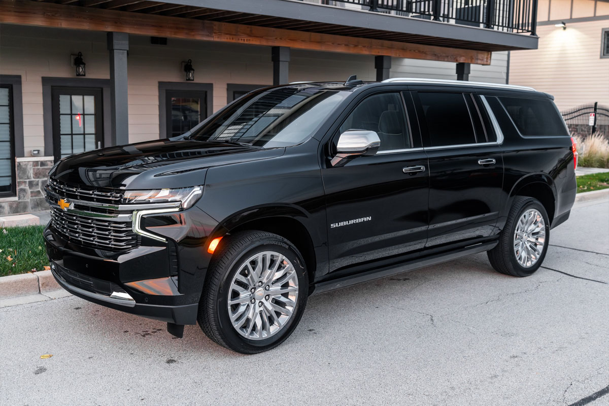 Chevy Suburban Oak Lawn Limo Service Black Chevy Suburban executive SUV ready for Oak Lawn Limo Service passengers.