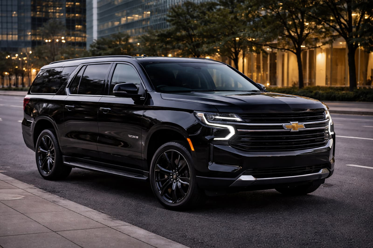 Chicago Limo Service Cities Chauffeur Transportation Chicago Limo Service Cities luxury black SUV chauffeur arriving for suburban airport transportation service across Chicago areas