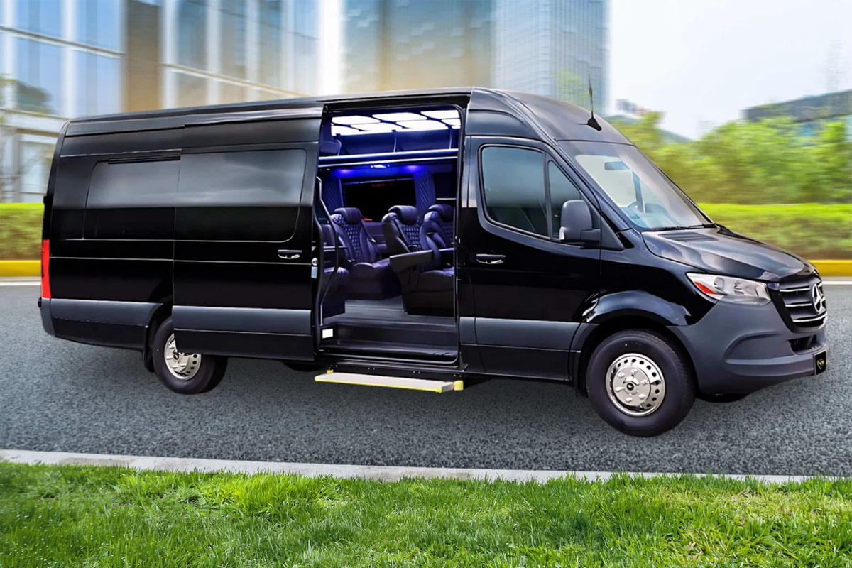 Mercedes Sprinter Frankfort IL Limo Service High-roof Mercedes Sprinter van providing group travel via Frankfort IL Limo Service.